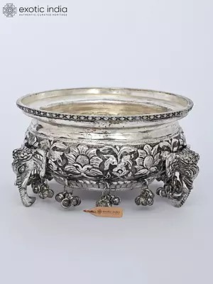 6" Elephant Design Decorative Urli Bowl in White Metal