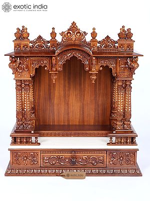 Large Carved Wooden Home Temple: 36" Puja Unit with Storage Drawer