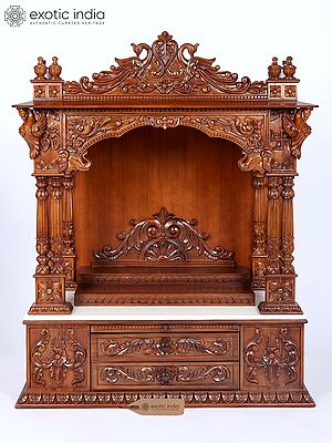 Designer Wooden Puja Mandir, 45 Inches Tall, Dual Storage