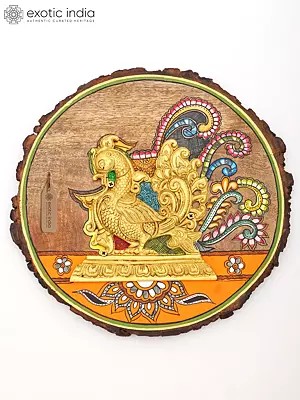 Golden Peacock Folk Art Wood Wall Plaque