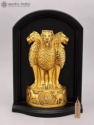 Golden Four-Lion Capital Emblem with Wood Base | Wall Decor Piece
