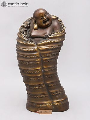 14" Handcrafted Laughing Buddha Emerging from Fortune Sack | Bronze Statue