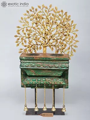 28" Brass Tree of Life with Wooden Candle Stand and Dangling Bells | Decorative Showpiece