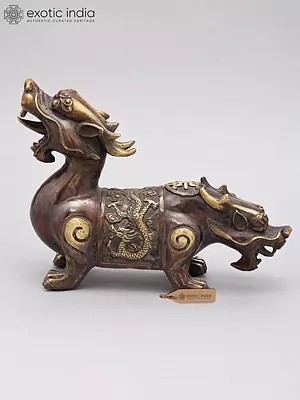 10" Double Face Dragon Pixiu Bronze Statue