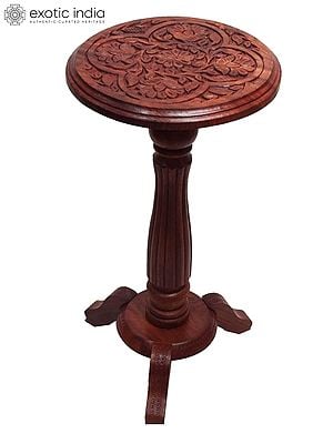 24" Round Wood Carved Side Table | Home Decor