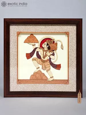 Lord Hanuman Carrying Mountain of Sanjeevani Herbs | Wood Carved Frame Wall Hanging