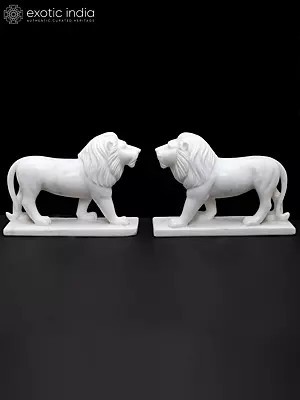 12" Handcrafted White Marble Lion Pair | Handmade Royal Guardian Statues for Home