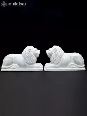 15" Hand-Carved White Marble Lion Pair | Royal Guardian Sculptures