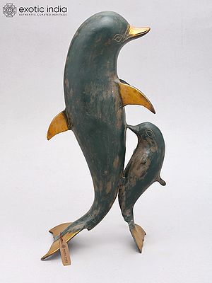 12" Decorative Mother Dolphin with Baby | Brass Statue | Home Decor