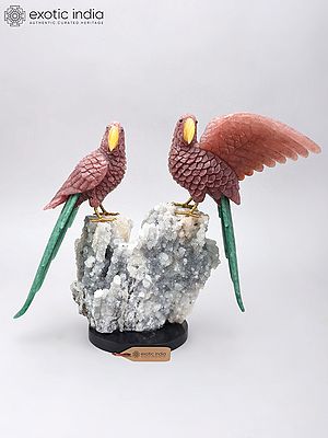 15" Rose Quartz Parrots Sculpture with Crystal Quartz Base