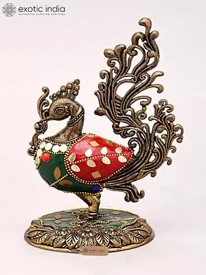 5" Small Brass Peacock Figurine with Inlay Work