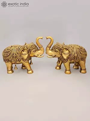 Pair of Decorated Elephants with Bells and Upraised Trunks (Auspicious According to Vastu)