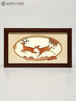 12" Running Deers | Wood Carved Frame | Wall Hanging