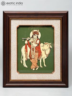 13" Cow Krishna | Wood Art | Wall Hanging Frame