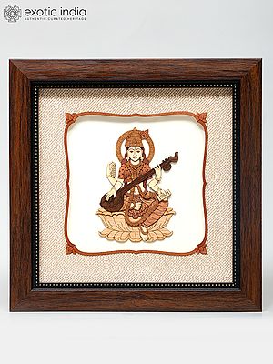 8" Goddess Saraswati | Wood Frame | Wall Hanging