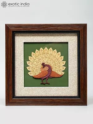 8" Peacock with Open Tail | Wood Frame | Wall Hanging