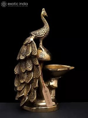 8" Beautiful Peacock with Diya | Brass Statue