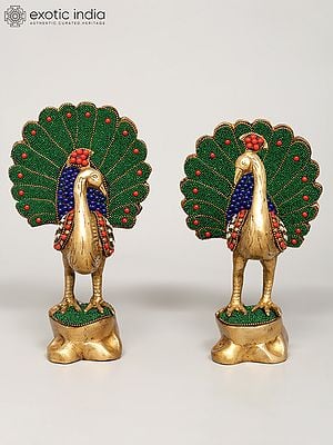 8" Pair of Peacocks | Brass Statues with Inlay Work | Home Decor