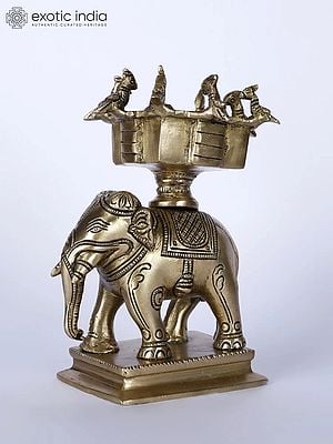 6" Small Elephant Statue with Birds Urli on Top | Brass Statue