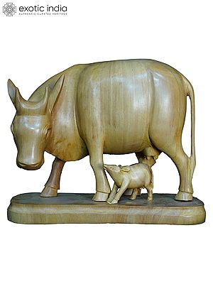 6" The Loving Cow With Calf | Handmade White Wood Statue