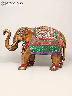 45" Large Size Elephant with Upraised Trunk | Brass Statue with Inlay Work
