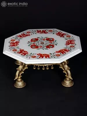 15" Hexagon Shaped Designer Pedestal (Chowki) with Inlay Work | Brass and Marble