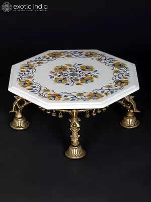 15" Floral Inlaid Designer Marble Pedestal (Chowki) with Brass Base
