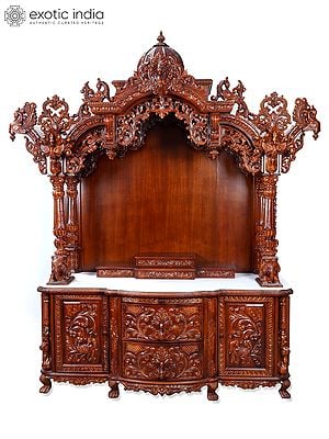 105" Super Large Wood Carved Designer Puja Temple with Drawers