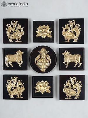 11" Designer Wall Art Relief Frames with Cow, Peacock, Lotus and Kalash | Set of 9 | Brass and Wood | Wall Hanging