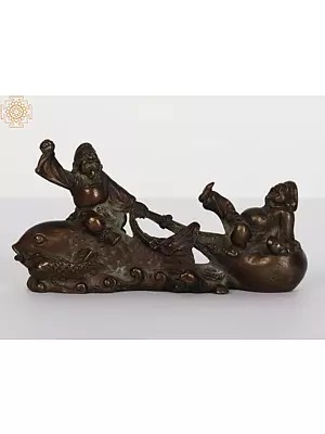 Two Laughing Buddha Seated on Koi Fish | Bronze Statue