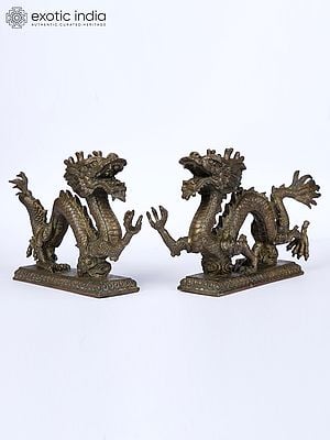 13" Pair of Chinese Feng Shui Dragons | Bronze Statues