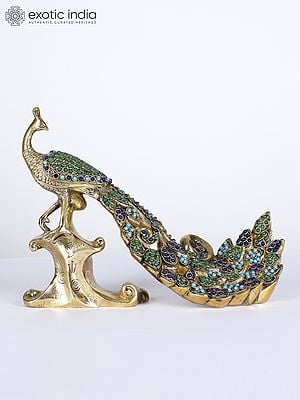 11" Peacock with Beautiful Long Tail | Brass Statue with Inlay Work