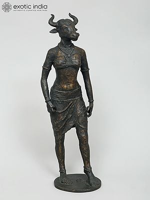 15" Anthropomorphic Tribal Female Figure with Cow Head | Modern Art Bronze Sculpture