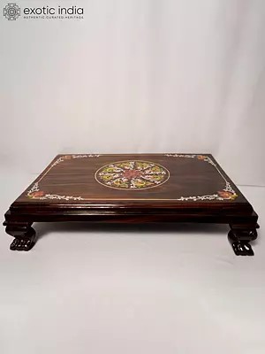 23" Wood Chowki With Beautiful Flower Design In The Centre | Handmade Rosewood Home Decor Item
