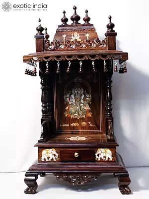 35" Attractive Wood Temple With Drawer And Ganesha Design | Handmade Rosewood Home Decor Item