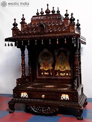 56" Puja Temple With Bells On Three Sides Of The Top | Handmade Rosewood Home Decor Item