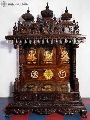 82" Lakshmi Ganesha And Saraswati Temple With Attractive Carving | Handmade Rosewood Home Decor Item | Shipped by Sea