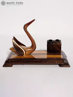 7" Wood Pen Stand With Duck Design | Handmade Rosewood Home Decor Item