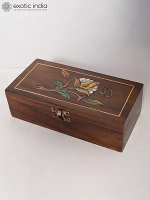 8" Wood Inlay Box With Blooming Flower | Handmade Rosewood Home Decor Item