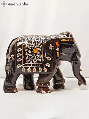 9" Designer Elephant Statue With Inlay Work | Handmade Rosewood Figurine