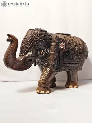 16" Wood Statue Of Elephant With Attractive Carving | Handmade Rosewood Figurine