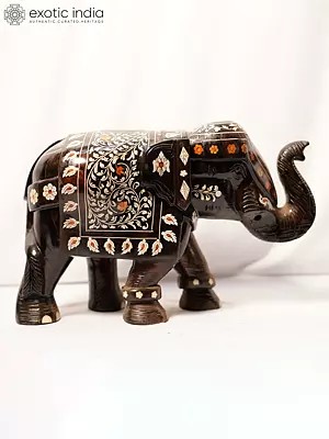 12" Attractive Elephant Statue With Beautiful Inlay Work | Handmade Rosewood Figurine
