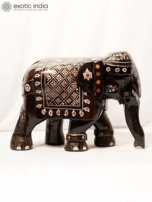 13" Standing Elephant Statue In Inlay Work | Handmade Rosewood Figurine