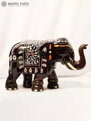 10" Roaring Elephant With Inlay Work | Handmade Rosewood Figurine