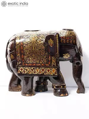 17" Royal Elephant Statue With Golden Color Inlay Work | Handmade Rosewood Figurine