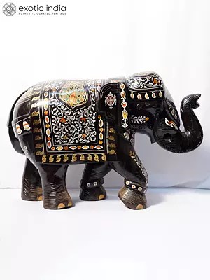 24" Attractive Statue Of Elephant With Colorful Brass Inlay Work | Handmade Rosewood Figurine