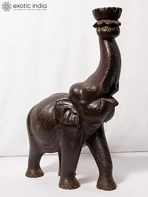 15" Elephant Statue With Holding Lotus | Handmade Rosewood Figurine