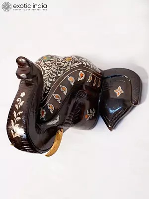 12" Beautiful Head Of Elephant With Inlay Work | Handmade Rosewood Figurine