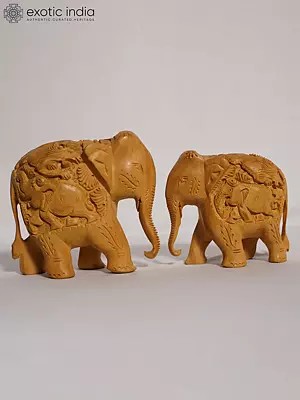 6" The Royal Elephants - Set Of 2 | Handmade White Wood Figurine