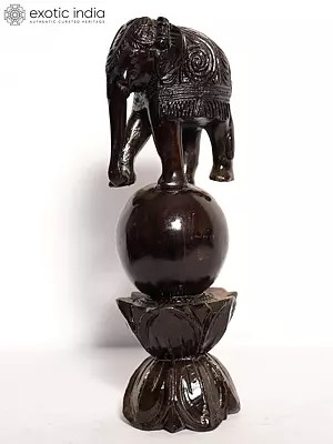 15" Wood Elephant On Ball With Lotus Base | Handmade Rosewood Figurine